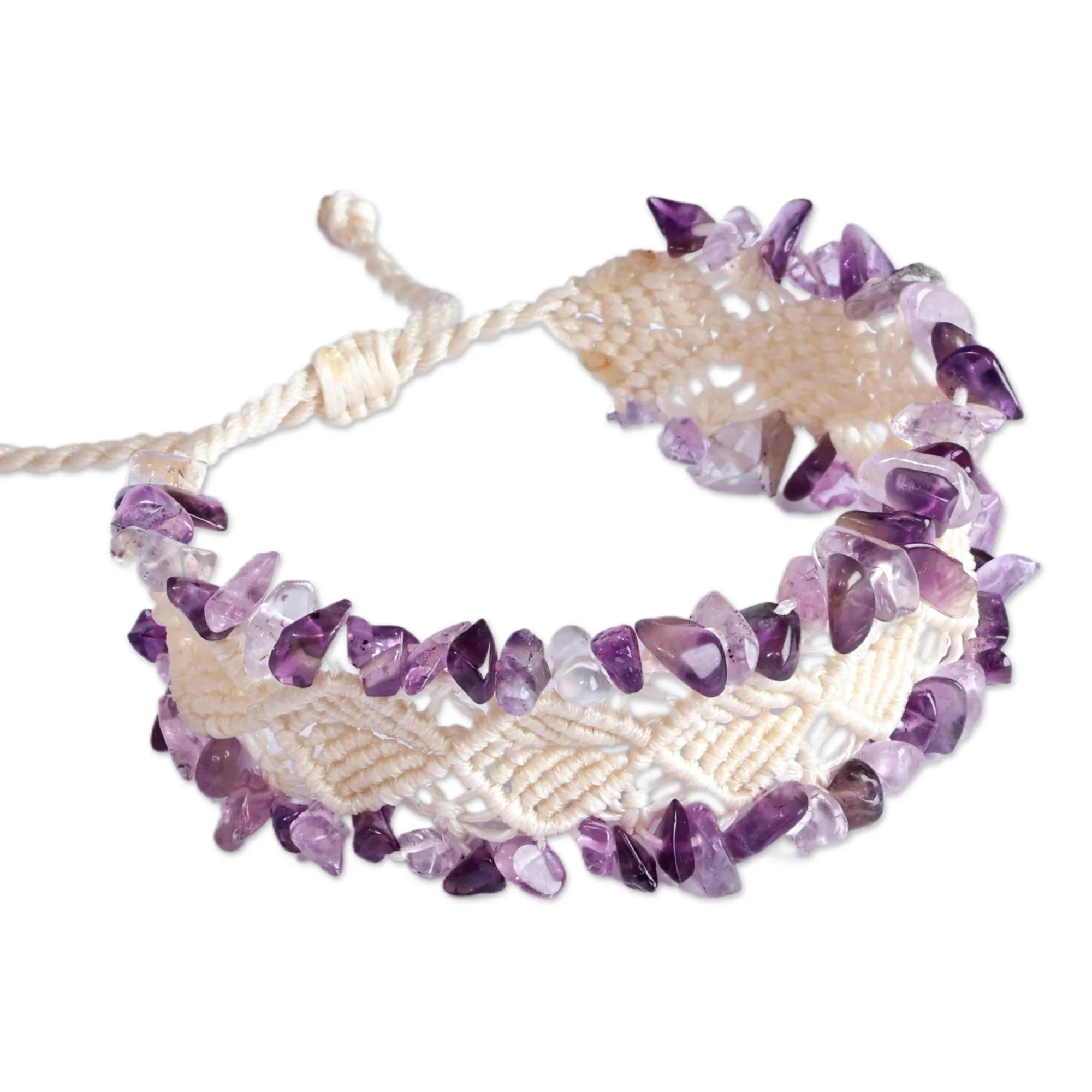 Handwoven Cotton and Amethyst Macrame Beaded Bracelet - Wise Dreams | NOVICA