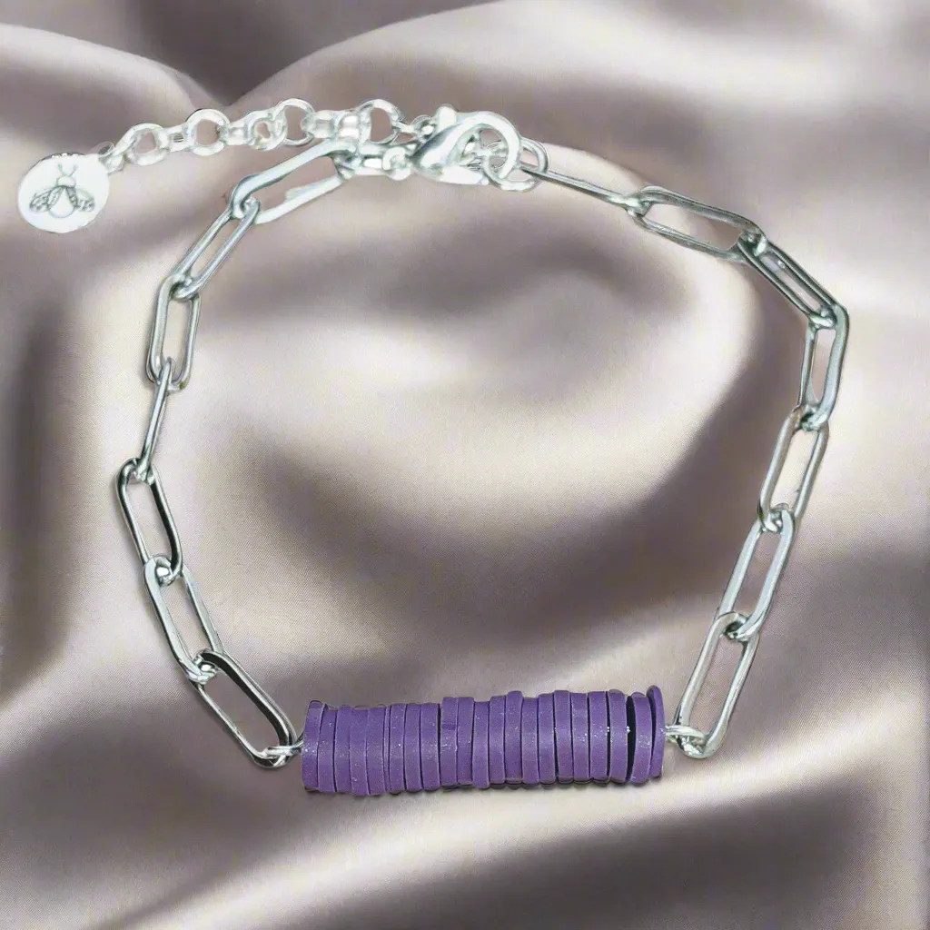 Heart Purple Heishi Paperclip Bracelet/Earring Set