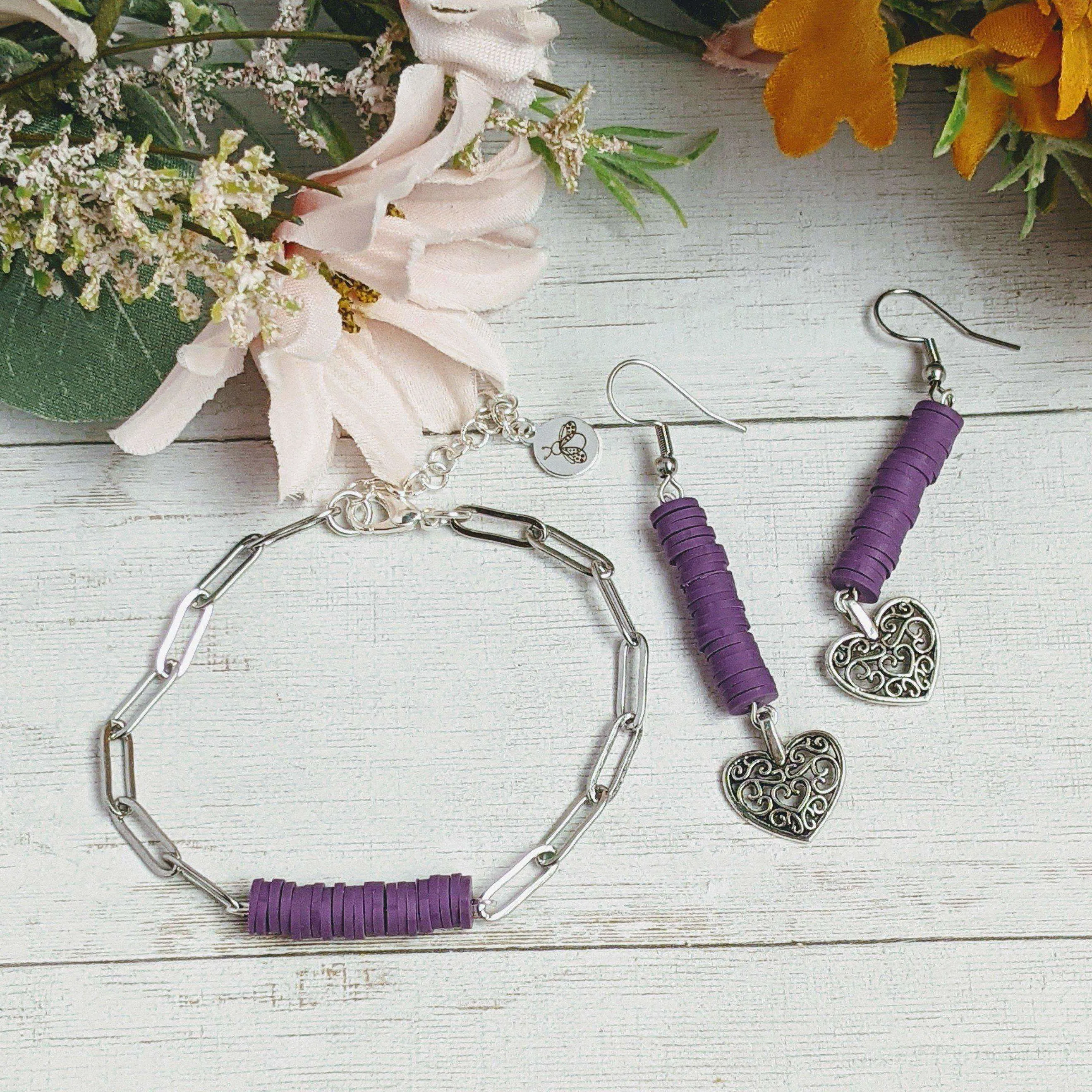 Heart Purple Heishi Paperclip Bracelet/Earring Set