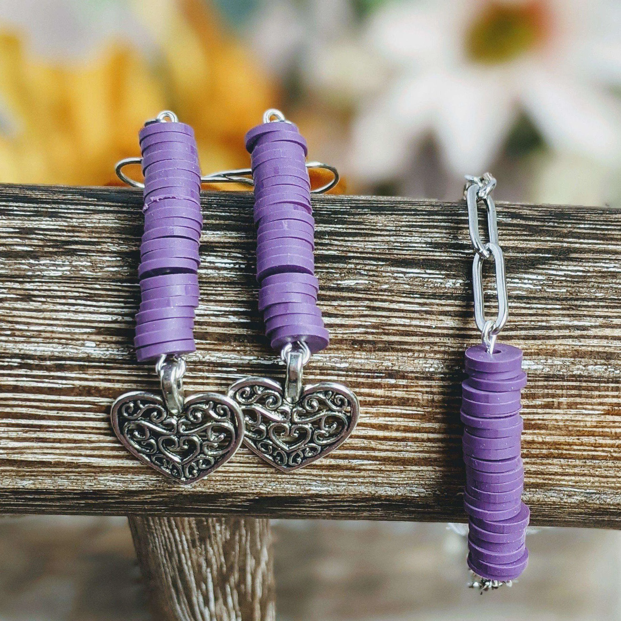 Heart Purple Heishi Paperclip Bracelet/Earring Set