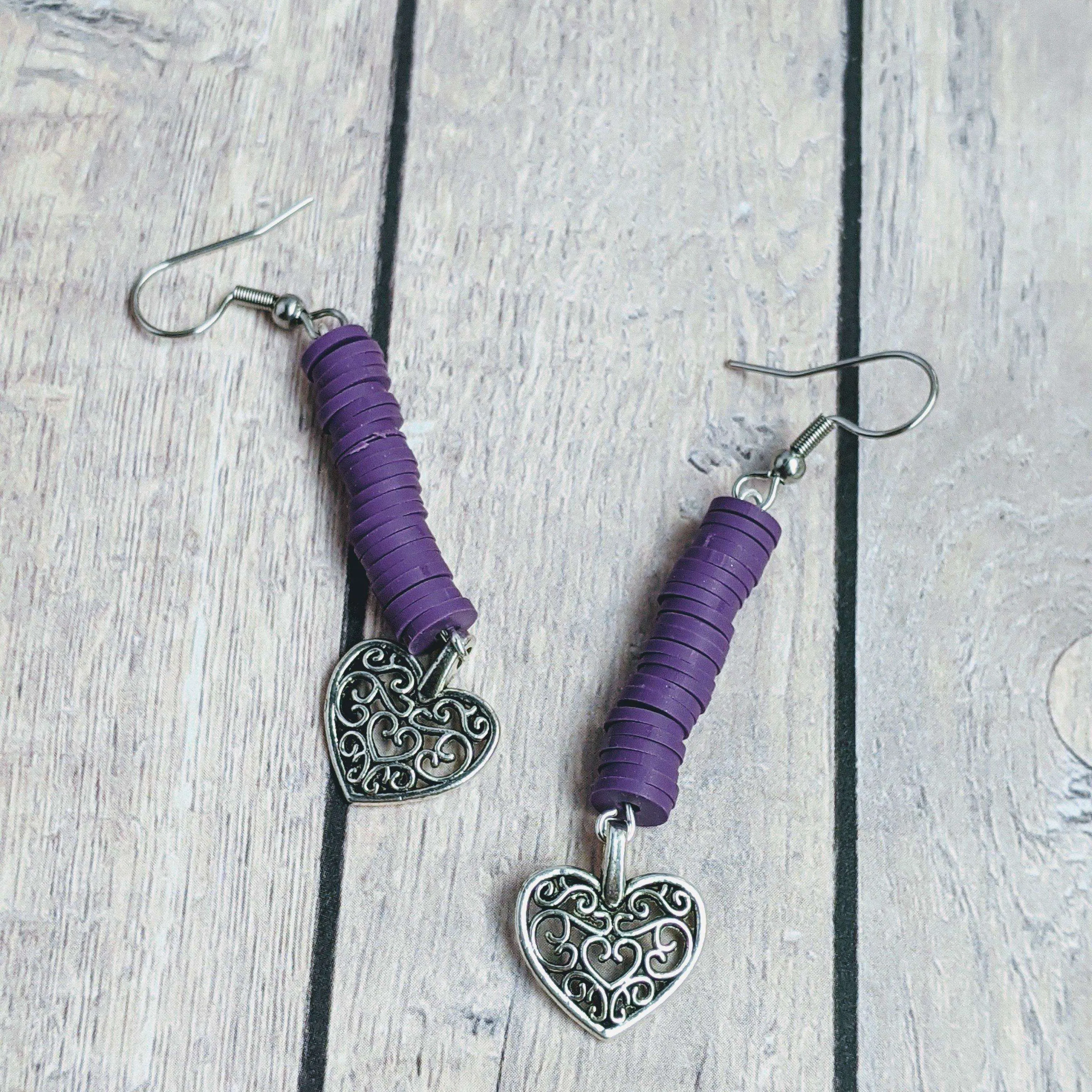 Heart Purple Heishi Paperclip Bracelet/Earring Set