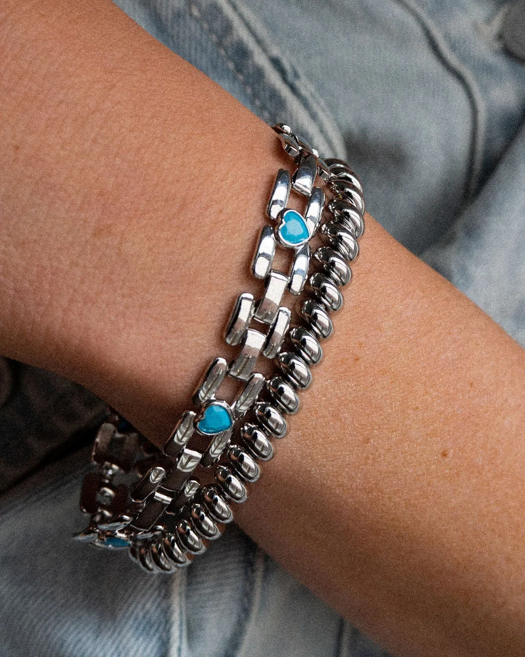 Heart Stone Link Bracelet- Silver