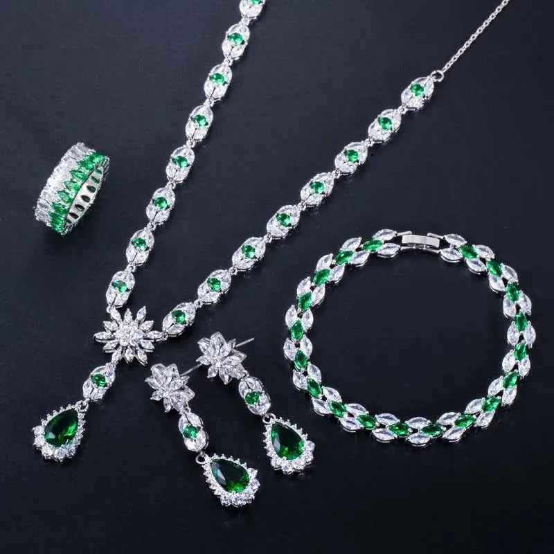 High Quality AAAA Zircons 4 Piece  Blue or Green Cubic Zircon Crystal Flower Drop Wedding Bridal Jewelry Set