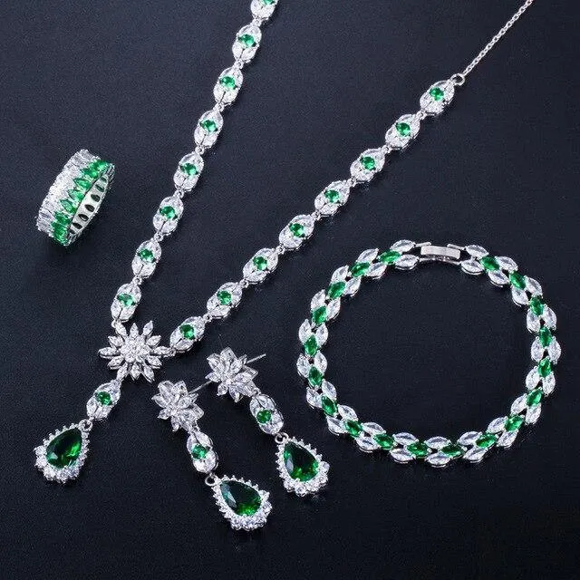 High Quality AAAA Zircons 4 Piece  Blue or Green Cubic Zircon Crystal Flower Drop Wedding Bridal Jewelry Set