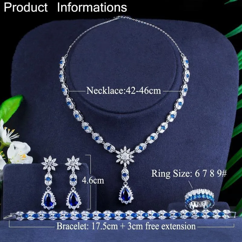 High Quality AAAA Zircons 4 Piece  Blue or Green Cubic Zircon Crystal Flower Drop Wedding Bridal Jewelry Set