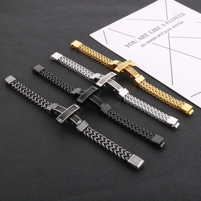 Hip-Hop Urban Weiya Line Cross Bracelet, Personalized European and American Men's Titanium Steel Chain with Magnet Buckle