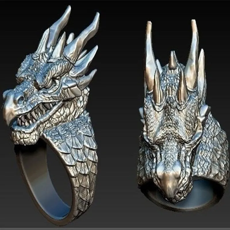 Intricate Dragon Head and Scale Metal Ring