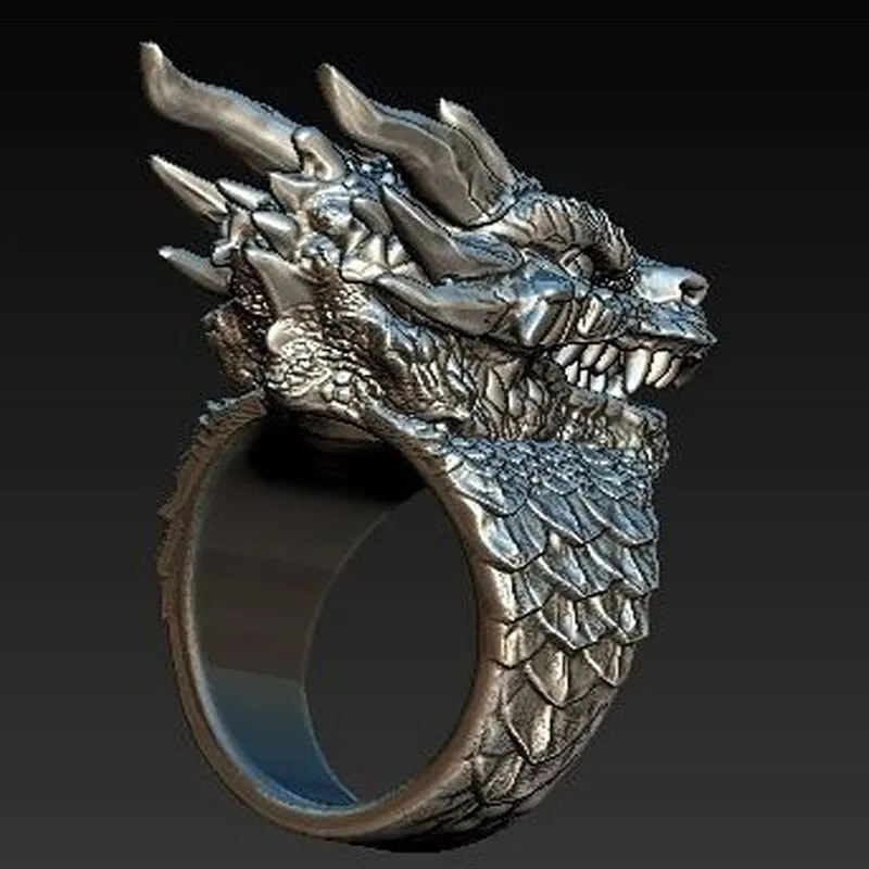 Intricate Dragon Head and Scale Metal Ring