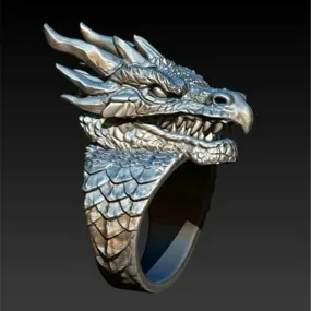 Intricate Dragon Head and Scale Metal Ring