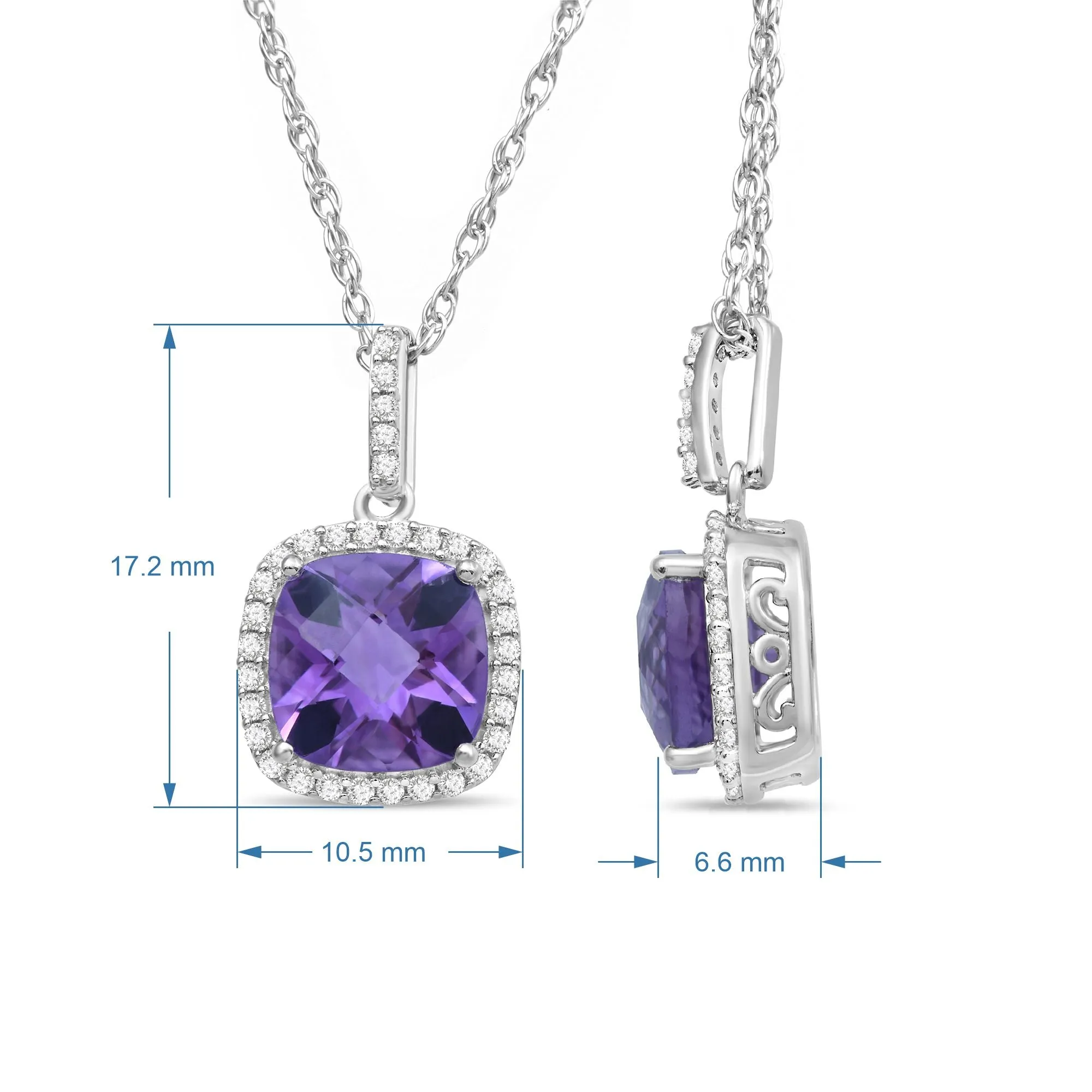 Jewelili Sterling Silver 8x8 MM Cushion Cut Amethyst and Round Created White Sapphire Halo Pendant Necklace