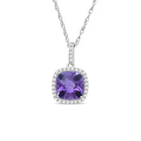 Jewelili Sterling Silver 8x8 MM Cushion Cut Amethyst and Round Created White Sapphire Halo Pendant Necklace