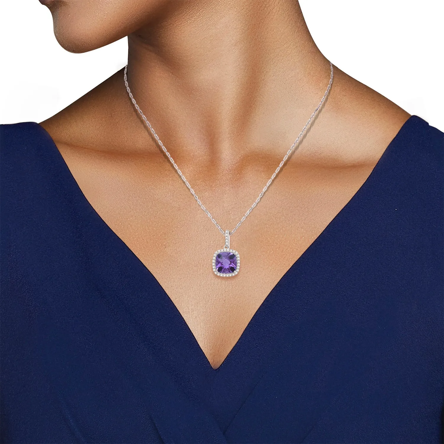 Jewelili Sterling Silver 8x8 MM Cushion Cut Amethyst and Round Created White Sapphire Halo Pendant Necklace