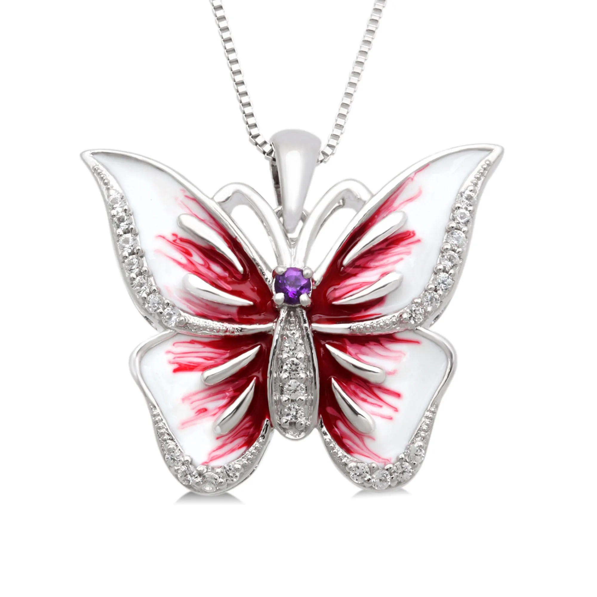 Jewelili Sterling Silver with Round Amethyst and Round Created White Sapphire Enamel Butterfly Pendant Necklace