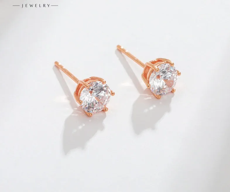 Jewelry Copper Alloy Platinum Plated Bright Six-Prong Inlaid Single Stone Earrings Simple Cold Style Earrings