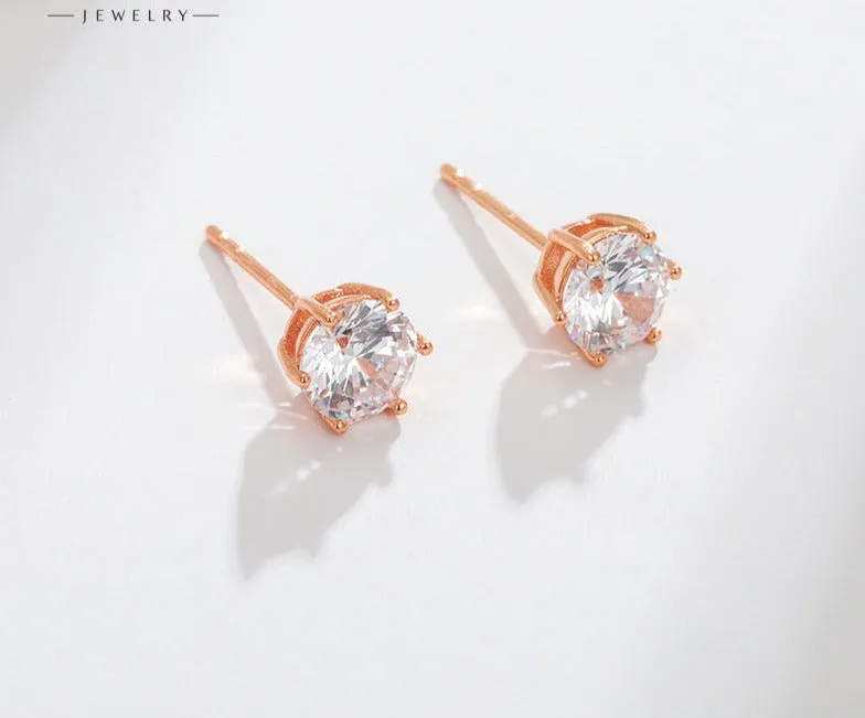 Jewelry Copper Alloy Platinum Plated Bright Six-Prong Inlaid Single Stone Earrings Simple Cold Style Earrings