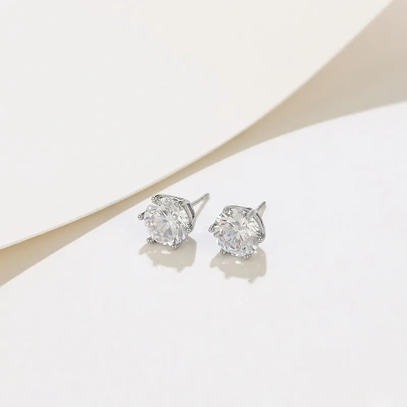 Jewelry Copper Alloy Platinum Plated Bright Six-Prong Inlaid Single Stone Earrings Simple Cold Style Earrings