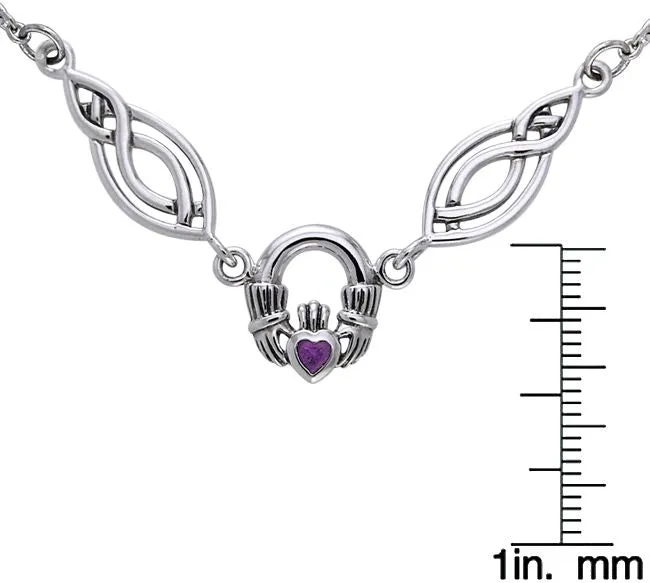 Jewelry Trends Sterling Silver Celtic Claddagh with Amethyst Pendant on Oval Knot and Chain Necklace Necklace