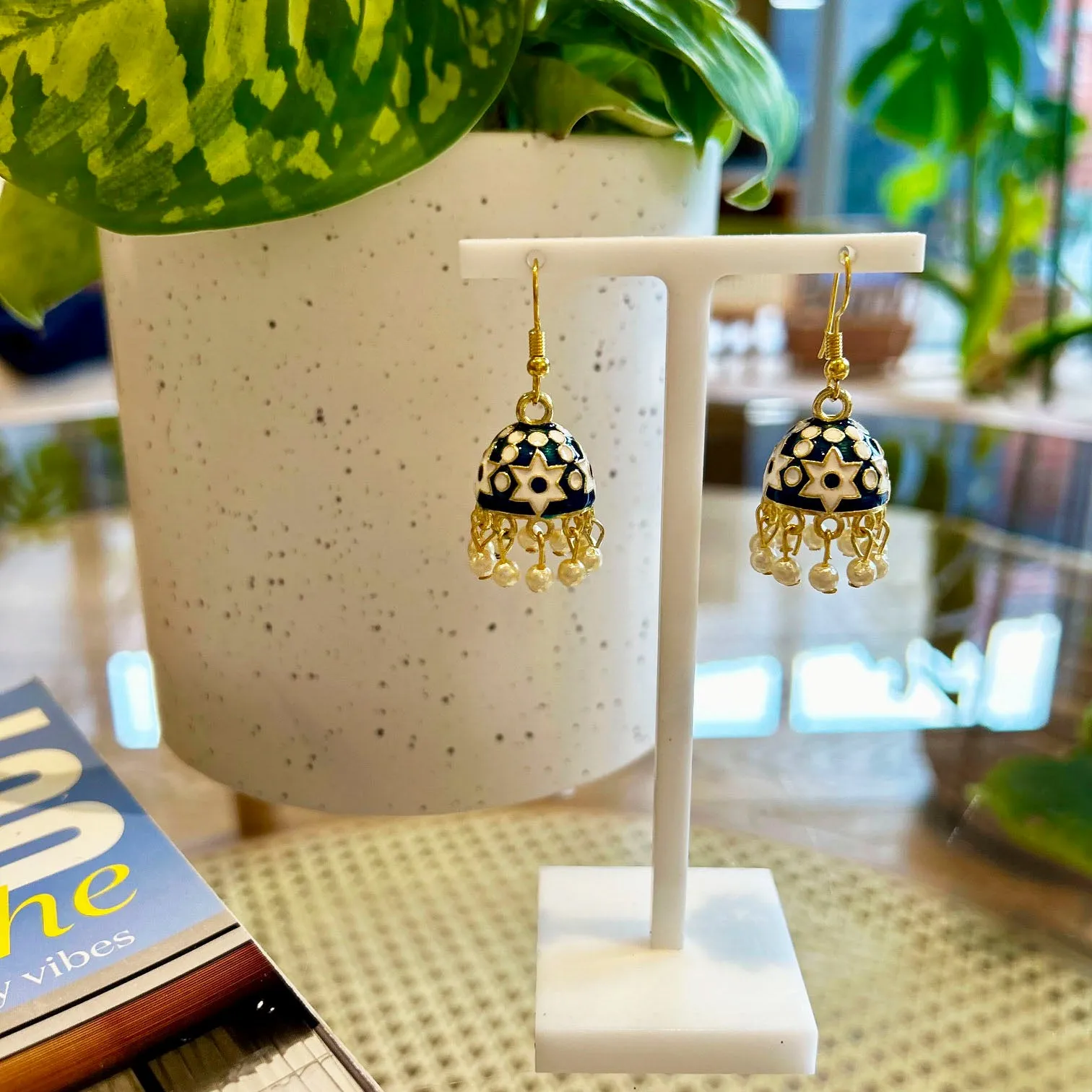 Jhumka Mini Blue Earrings Gold