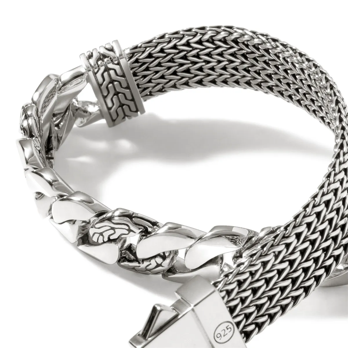 John Hardy Classic Chain Silver 12mm Flat Chain and Link Bracelet with Pusher Clasp