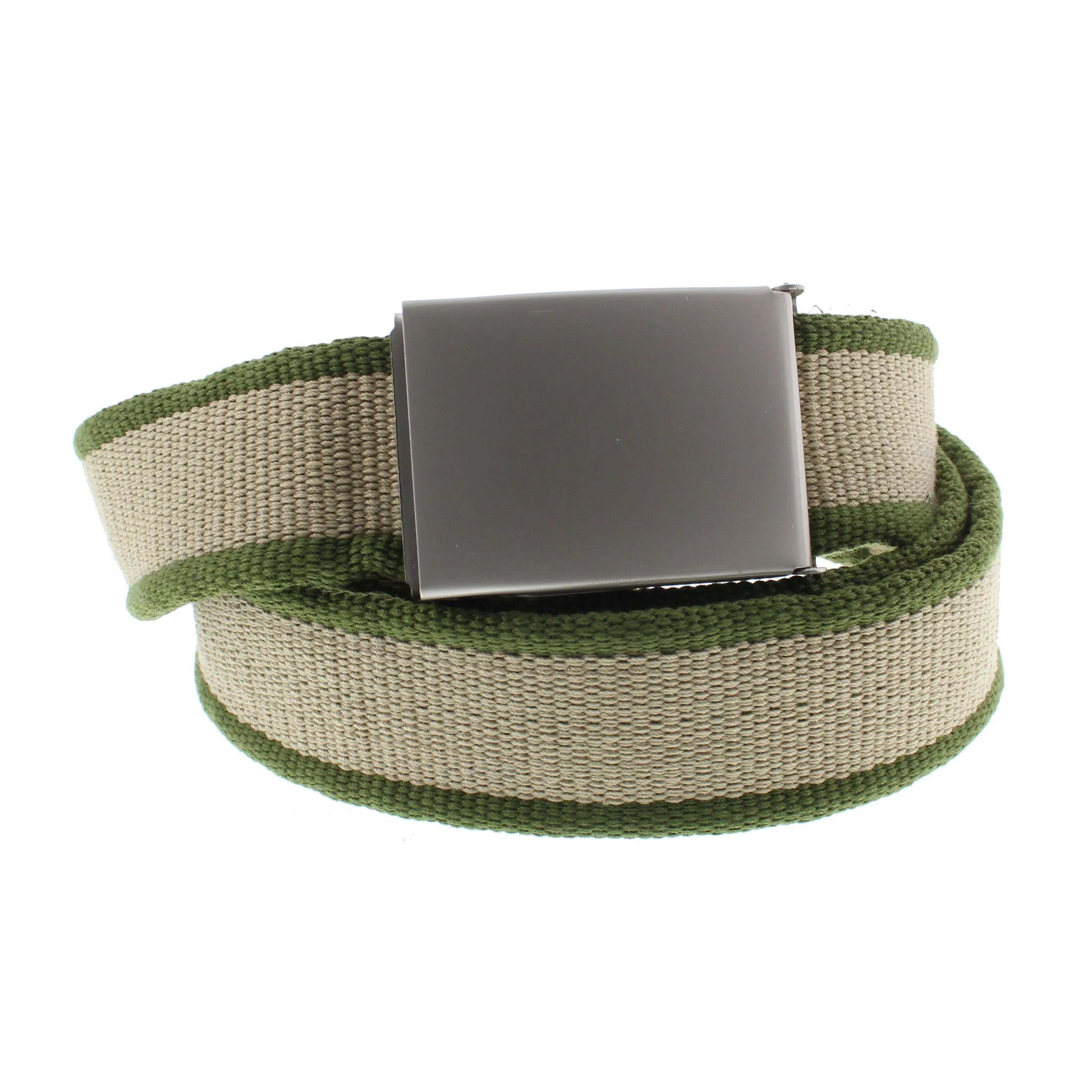 Khaki Edged Beige Canvas Webbing Belt with Shiny Silver Slider Buckle (Length - 120cm, Width - 3.6cm)