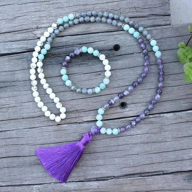 Labradorite, Amethyst & Howlite Bracelet/Necklace/Mala Set