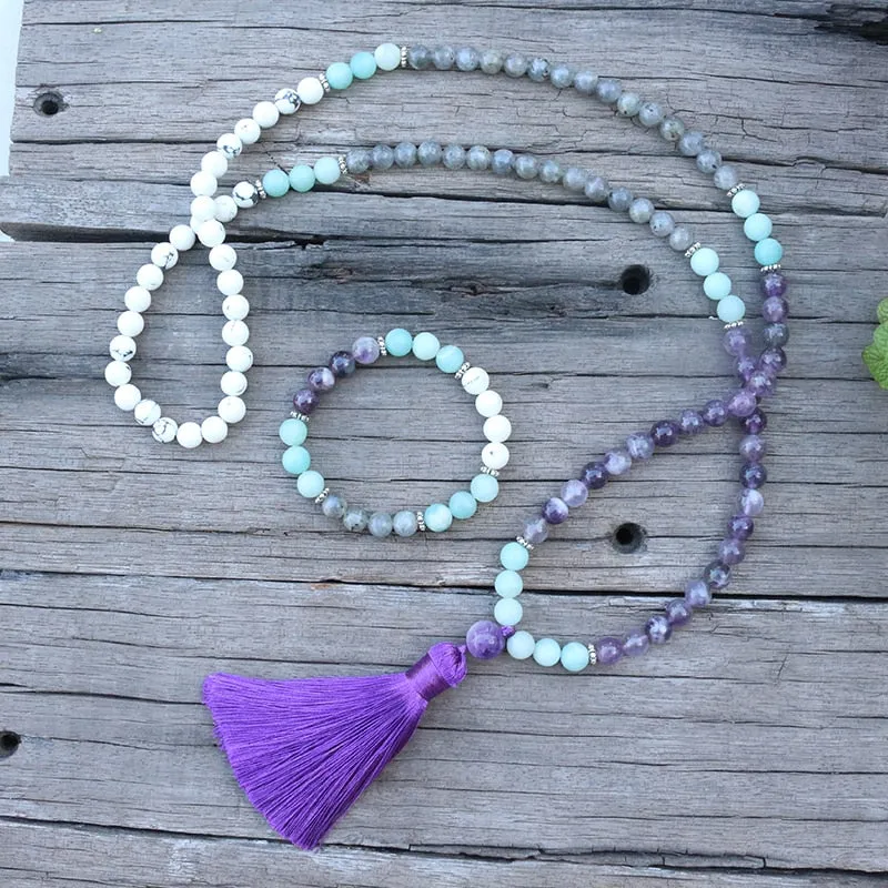 Labradorite, Amethyst & Howlite Bracelet/Necklace/Mala Set