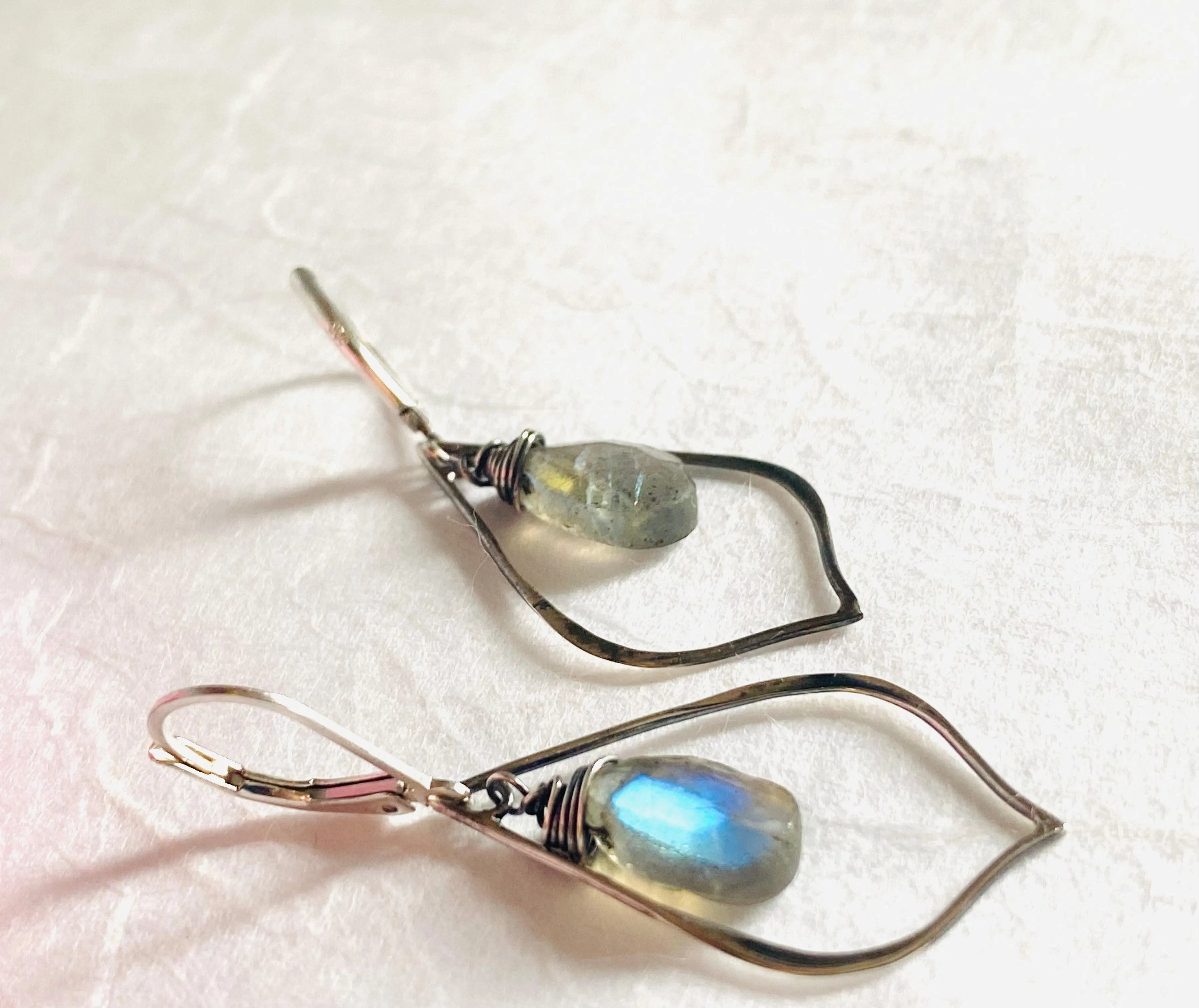 Labradorite Hoop Gemstone And Silver Wrapped Earrings, Chalcedony Gemstone