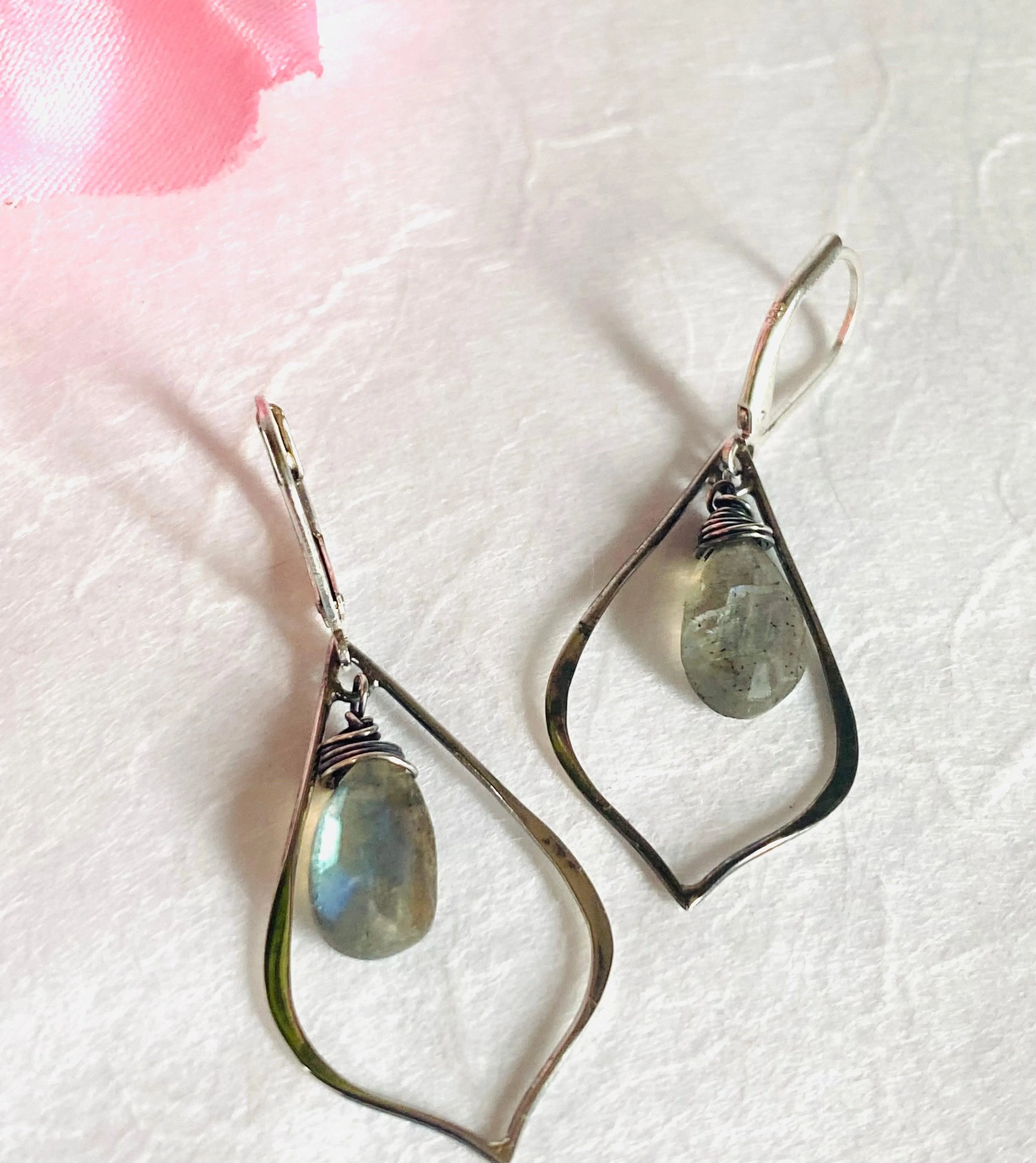 Labradorite Hoop Gemstone And Silver Wrapped Earrings, Chalcedony Gemstone