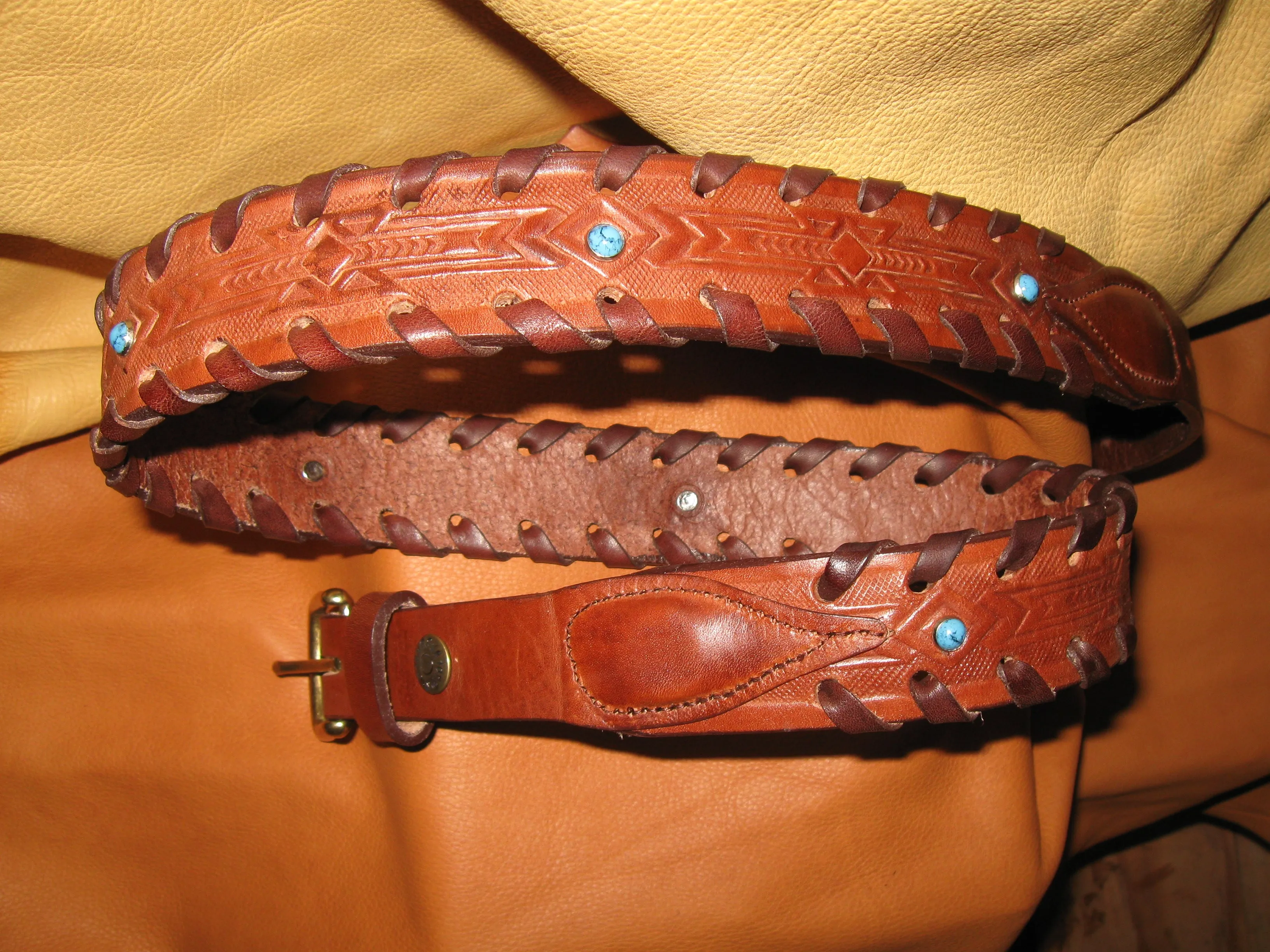 Laced-Edges Narrow End Tabs Embossed Women's Harness Leather Belt