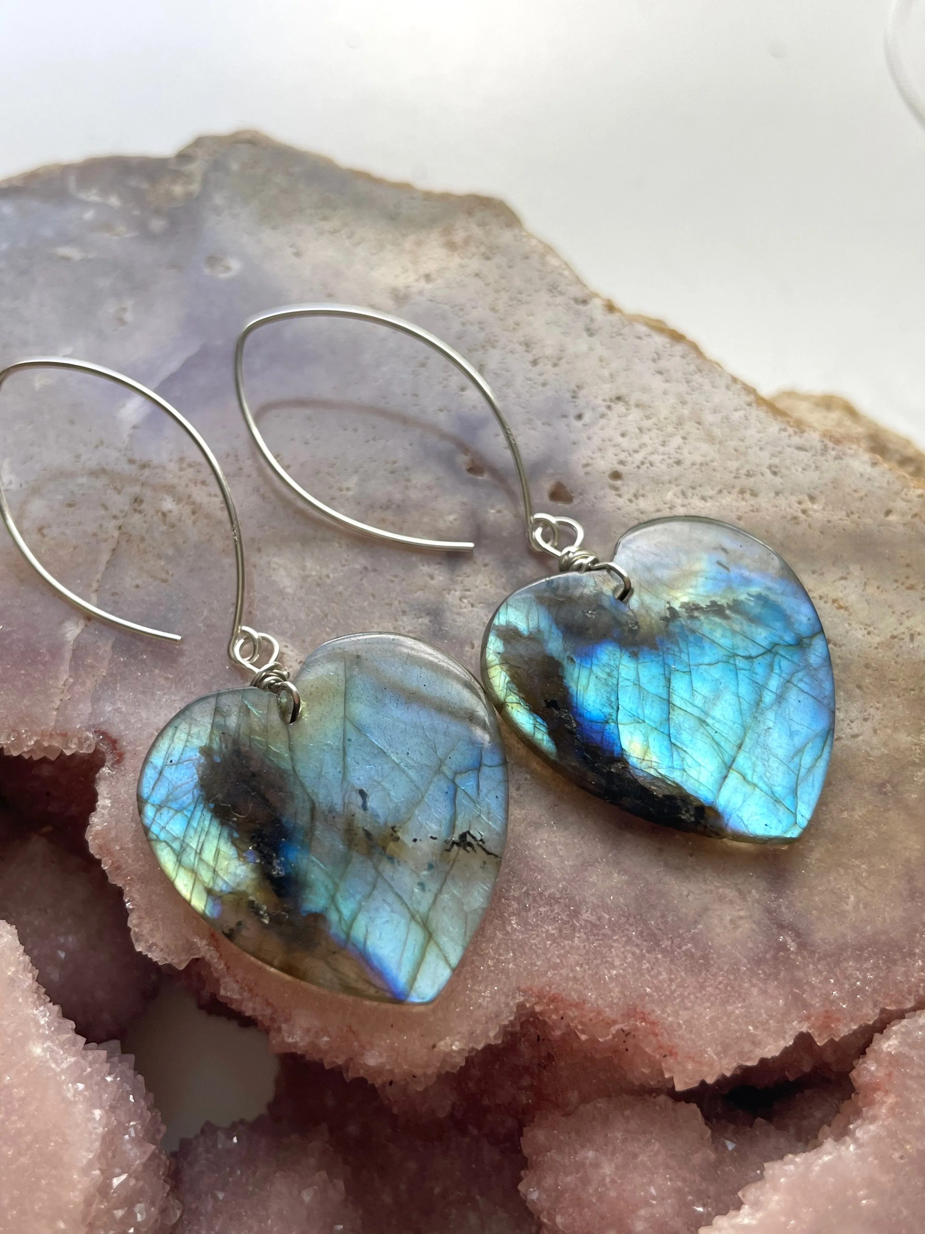 Large Sterling Silver Labradorite Dangle Drop Crystal Earrings