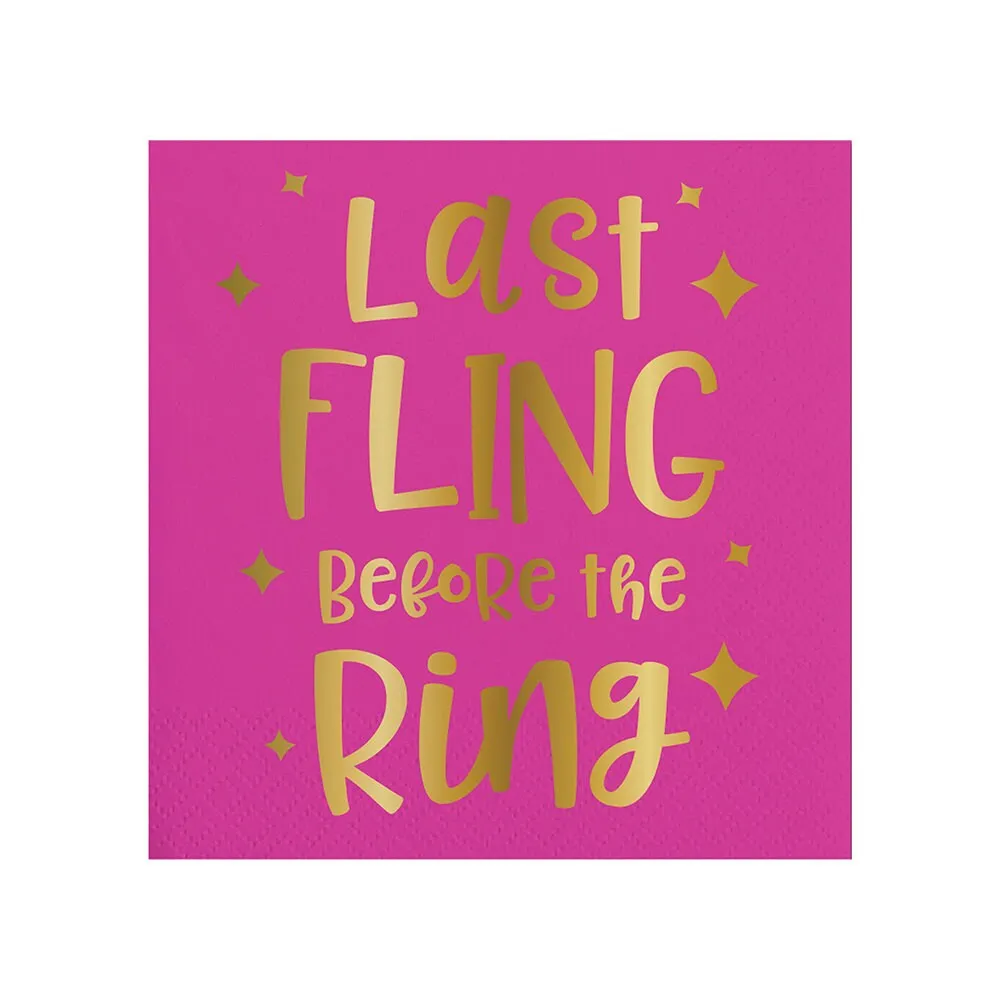 Last Fling Before the Ring Bachelorette Napkins, Set of 20 Bright Pink Beverage Napkins With Gold Foil Lettering