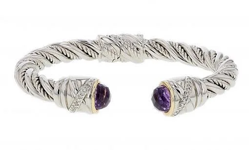 Limited Edition Italian sterling silver bangle bracelet with amethysts, 0.17ct. white diamonds and solid 14K yellow gold accents