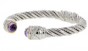 Limited Edition Italian sterling silver bangle bracelet with amethysts, 0.17ct. white diamonds and solid 14K yellow gold accents