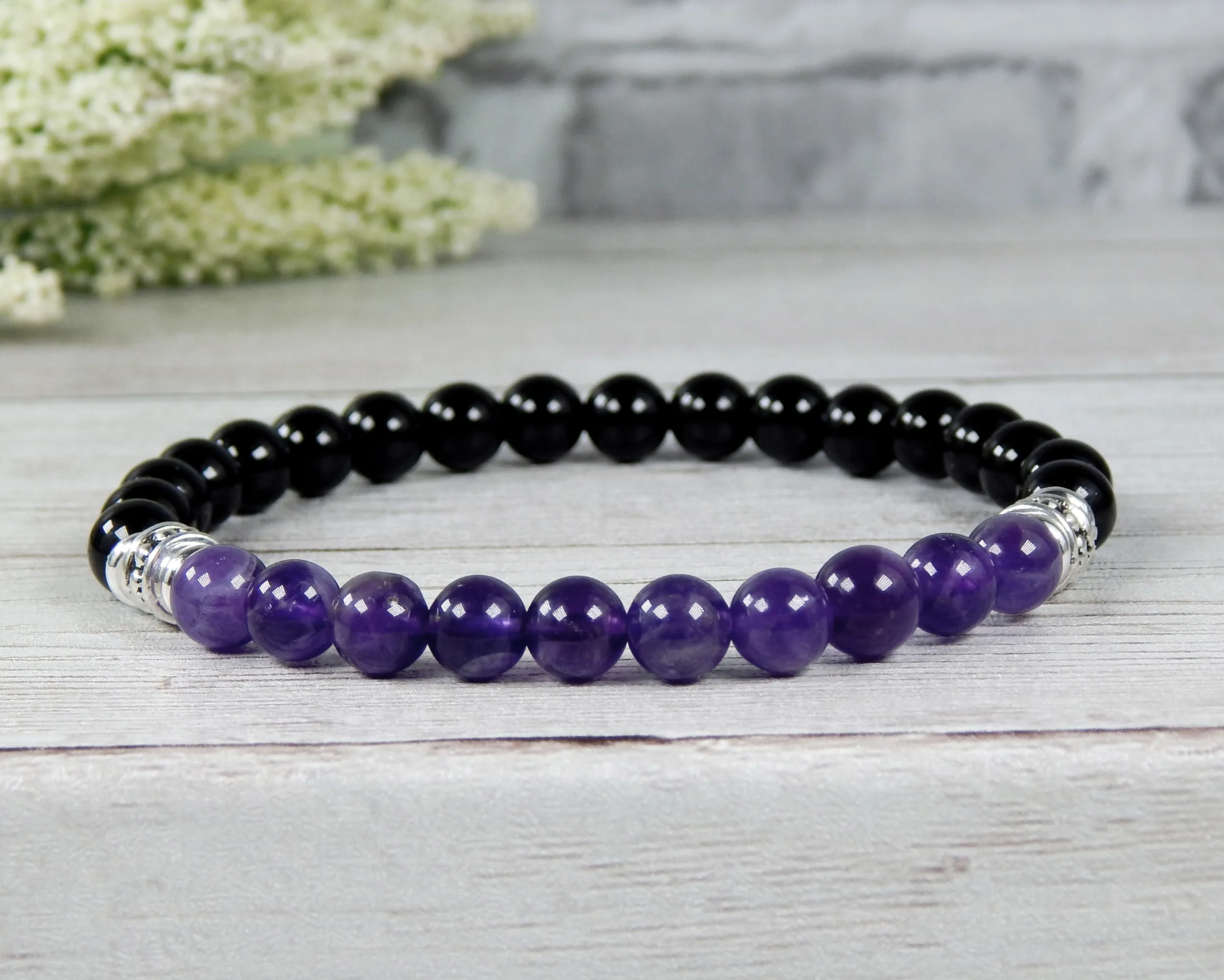 Mens Amethyst and Black Agate Bracelet - Purple Jewelry for Men