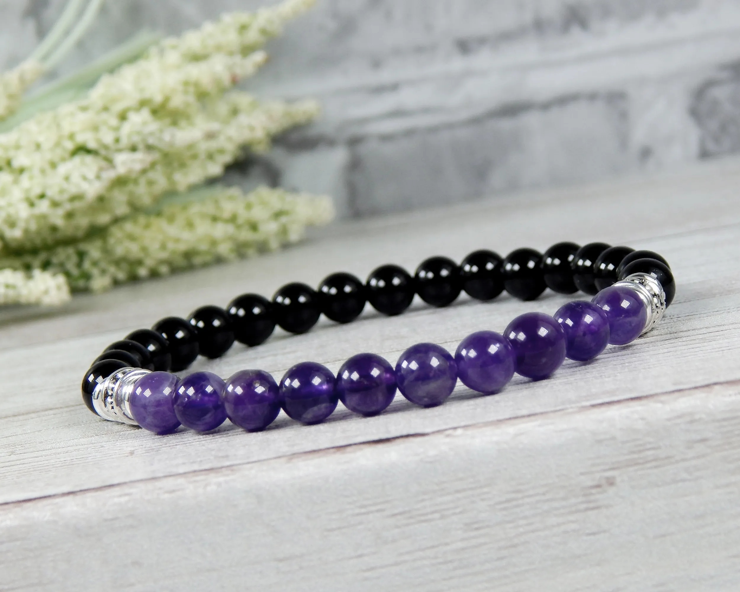 Mens Amethyst and Black Agate Bracelet - Purple Jewelry for Men