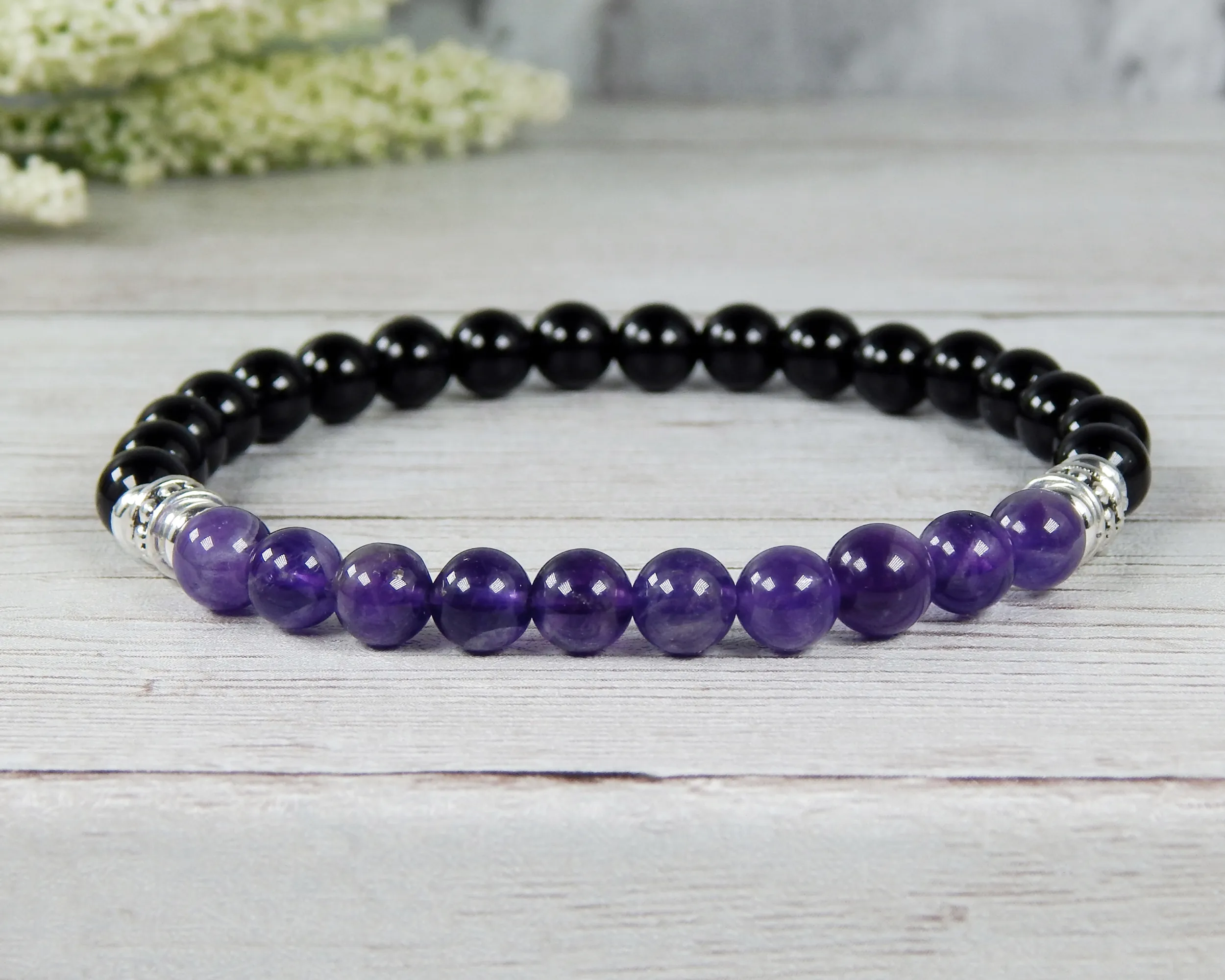 Mens Amethyst and Black Agate Bracelet - Purple Jewelry for Men