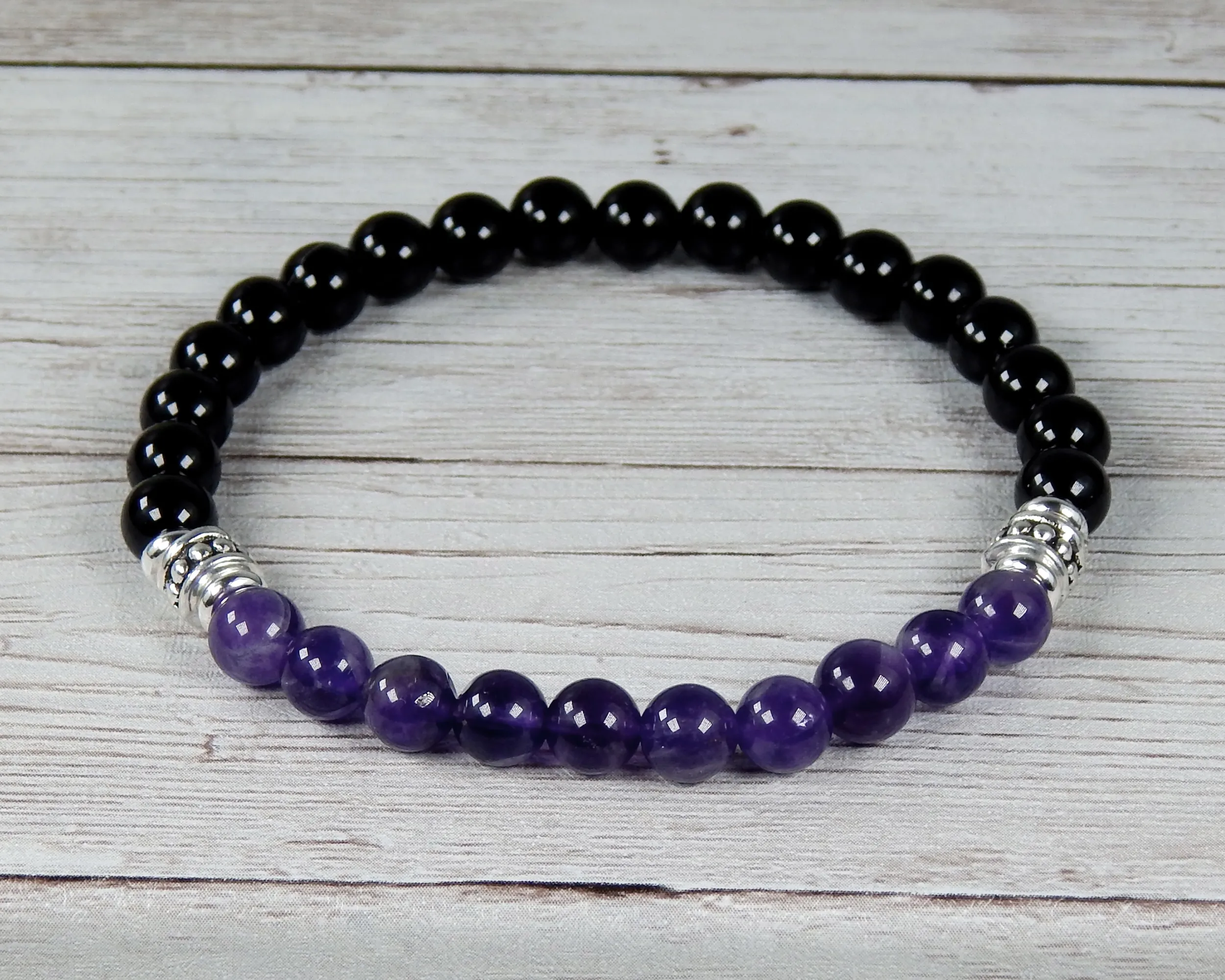 Mens Amethyst and Black Agate Bracelet - Purple Jewelry for Men