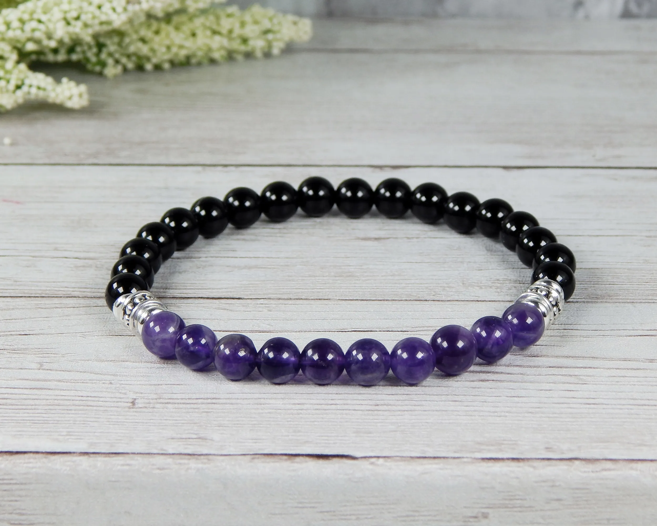 Mens Amethyst and Black Agate Bracelet - Purple Jewelry for Men