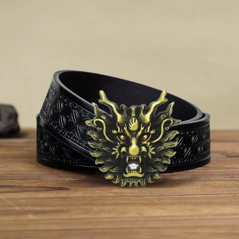 Men's DIY Fiery Dragon White Pearl Buckle Leather Belt