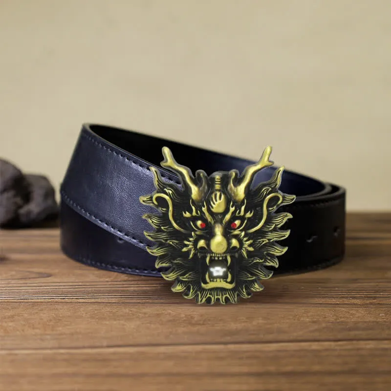 Men's DIY Fiery Dragon White Pearl Buckle Leather Belt