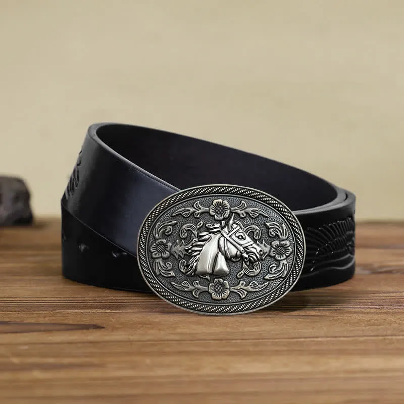 Men's DIY Western Horse Floral Buckle Leather Belt