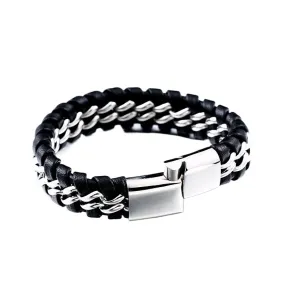 Men's Double-Row Hand-Woven Leather and Titanium Steel Locomotive Bracelet