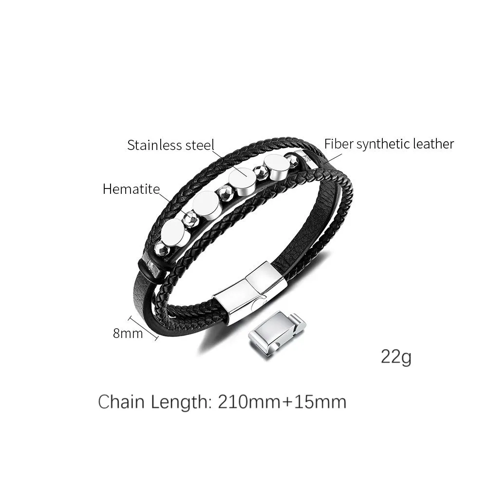 Men's Multi-Strand Leather Bracelet with Stainless Steel Discs – Modern Design, Magnetic Clasp