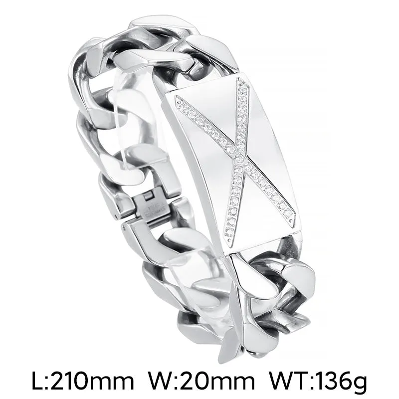 Men's Stylish Geometric Stainless Steel Bracelet with Zircon-Studded Titanium Accents