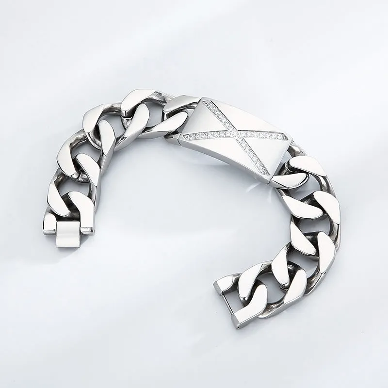 Men's Stylish Geometric Stainless Steel Bracelet with Zircon-Studded Titanium Accents