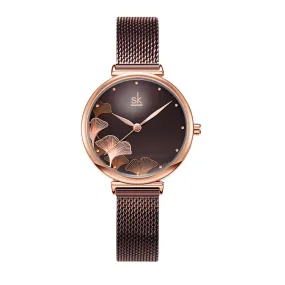 Mesh Strap Women's Watch Rose Gold Ginkgo Leaf Pattern Fashion Waterproof Quartz Watch