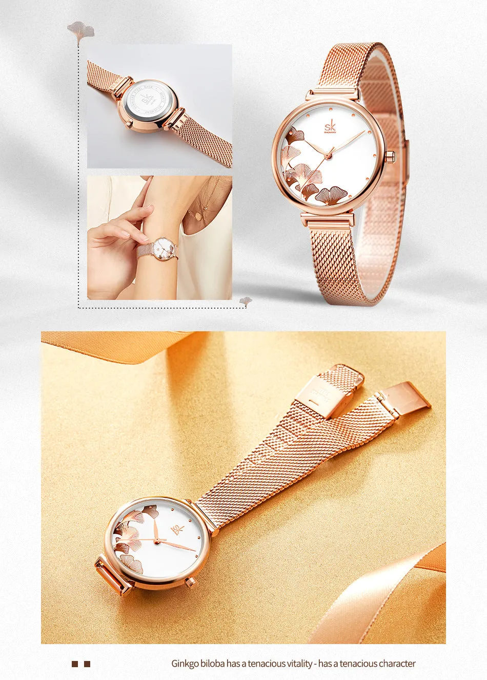 Mesh Strap Women's Watch Rose Gold Ginkgo Leaf Pattern Fashion Waterproof Quartz Watch