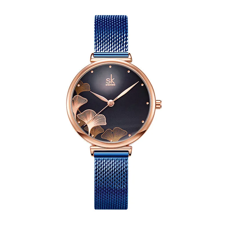 Mesh Strap Women's Watch Rose Gold Ginkgo Leaf Pattern Fashion Waterproof Quartz Watch