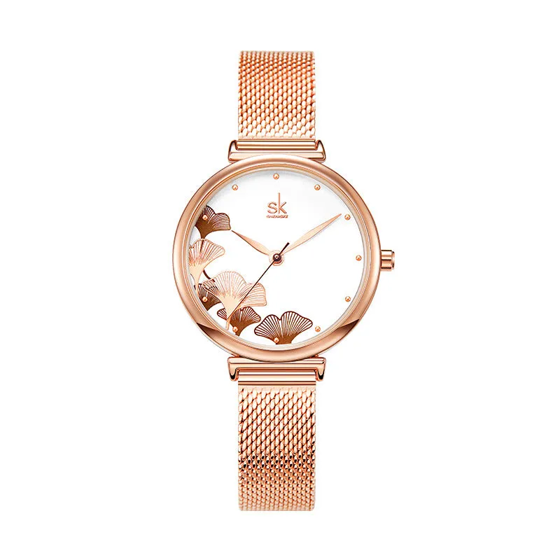 Mesh Strap Women's Watch Rose Gold Ginkgo Leaf Pattern Fashion Waterproof Quartz Watch