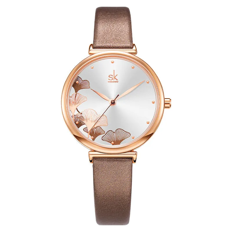 Mesh Strap Women's Watch Rose Gold Ginkgo Leaf Pattern Women's Fashion Waterproof Quartz Watch